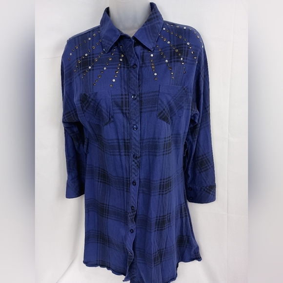 2/$30 AMERICAN RAG Studded Blue & Black Plaid Western Button Down Tunic (#1,287) - Picture 1 of 11